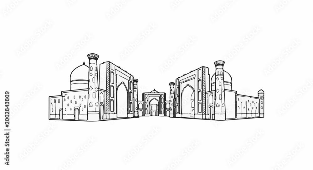 Obraz premium Ornate domes and archways of ancient buildings in a monochrome sketch