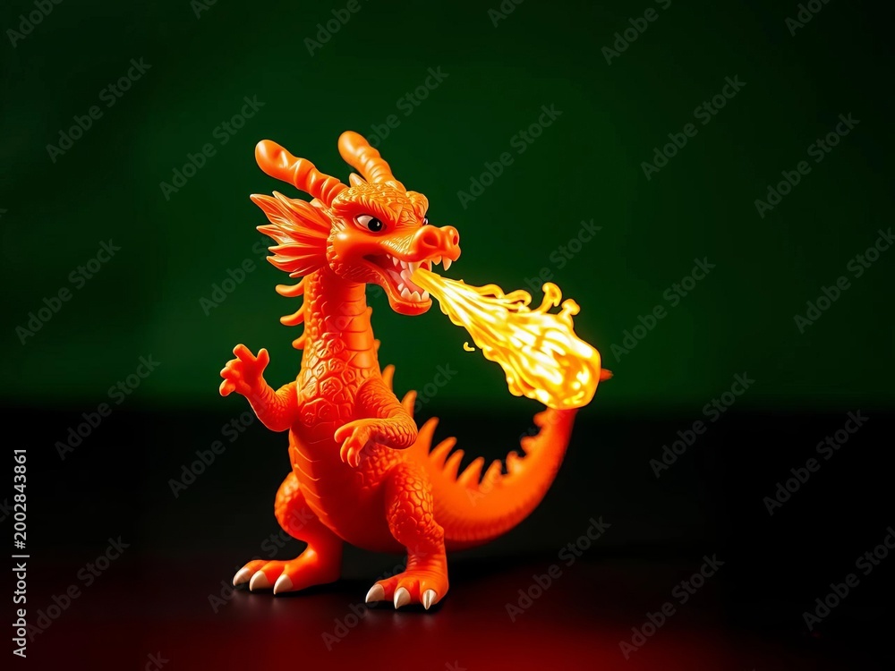 Fototapeta premium Flaming orange dragon toy figure blowing fire, exciting, flame thrower