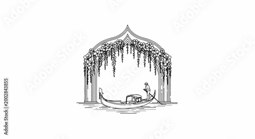 Ornate floral arch framing gondola with gondolier on water