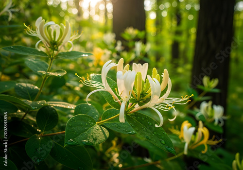 Close up white honeysuckle flowers blooming in lush green garden with soft sunlight and dew drops