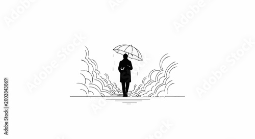 Lone figure with umbrella walks through abstract cloudy path