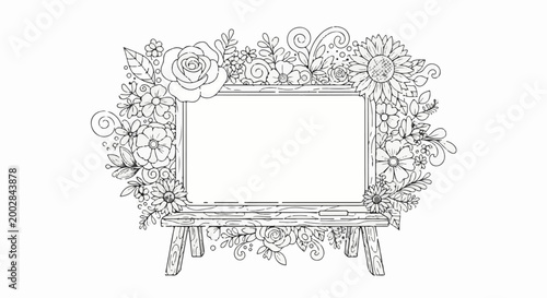 Ornate floral border frames an empty canvas on a wooden easel