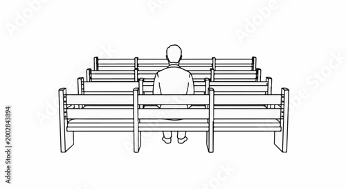 One person sits in a row of empty benches, viewed from behind
