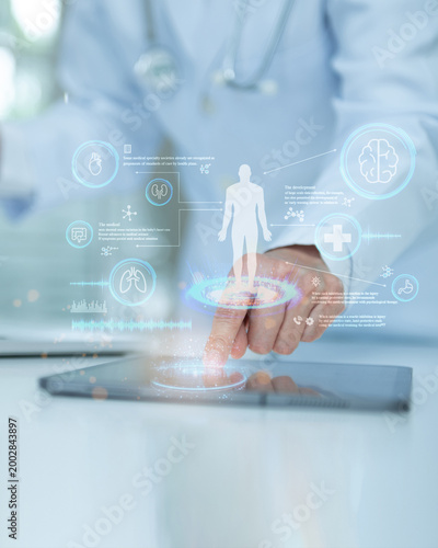 Medical technology or telehealth or telemedicine concept. Medicine Doctor or Physician are Health Check with digital system support for patient with medical icon.	