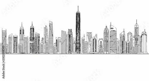 Monochrome sketch of a dense city skyline with varied skyscraper designs