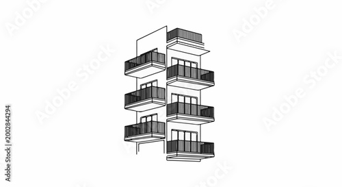 Modern apartment building with multiple balconies and windows in outline