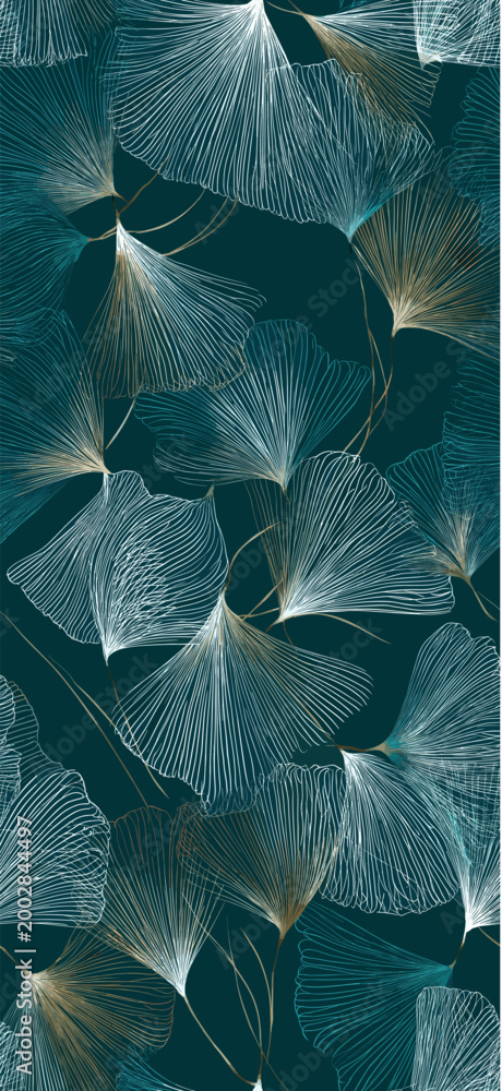 Fototapeta premium Abstract pattern featuring teal and white fan shapes with golden highlights on a dark teal background. Fan-shaped lines seamless pattern with golden accents