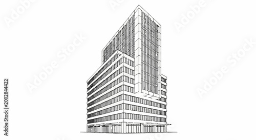 Modern glass and concrete office building sketch, sharp angles, multiple levels