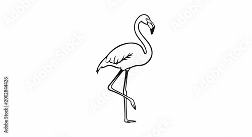 Minimalist black and white outline of a flamingo standing on one leg