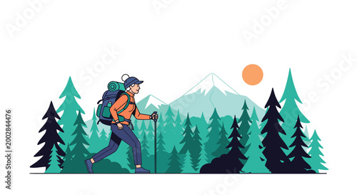 Active senior man with a backpack and trekking poles hiking through a pine forest with mountains and a sun in the scenic background.