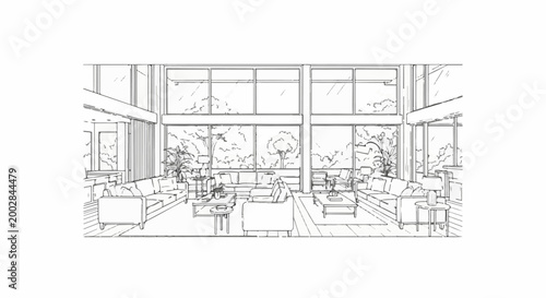 Modern living room with high ceilings, large windows, sofas, tables, and plants