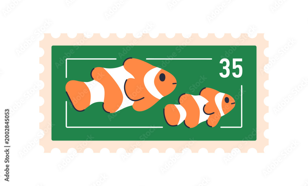 Naklejka premium Tropical water fish, post stamp design. Sea fauna, marine travel souvenir. Clownfishes swimming undersea, exotic animals, postal mark, postmark. Flat vector illustration isolated on white background