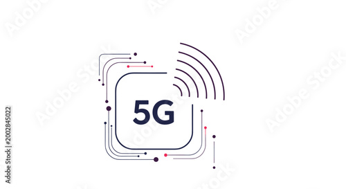 High speed 5G mobile network connectivity icon with circuit lines and wireless radio waves representing future technology.