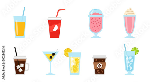 Flat Vector Illustration Collection of Various Refreshing Beverage Icons Including Juice, Soda, Smoothie, Milkshake, Iced Coffee, Martini, and Fruit Cocktails