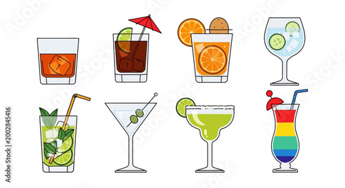 Set of Colorful Flat Vector Icons Featuring Popular Cocktails and Alcoholic Drinks Including Martini, Margarita, Mojito, Gin Tonic, and Negroni for Bar Menus.