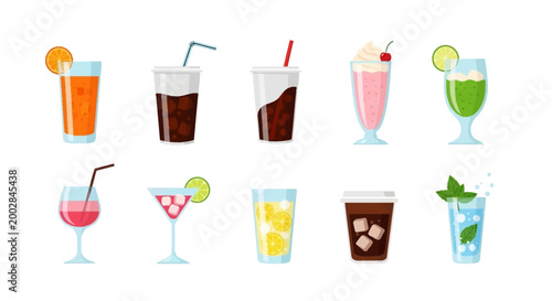 Vector Collection of Various Beverage Icons and Drink Illustrations including Cocktails, Iced Coffee, Fruit Juice, Milkshake, and Soda for Menu and Graphic Design