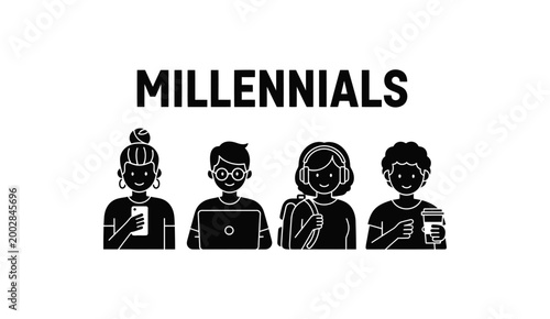 Millennials generation characters silhouette with digital devices and lifestyle icons.