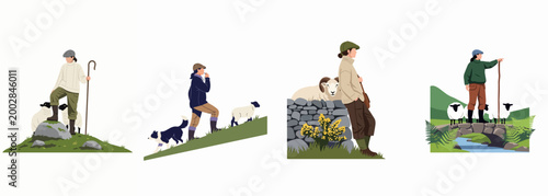 Collection of traditional shepherds and shepherdesses tending to sheep and sheepdogs in various scenic rural and pastoral landscapes, flat vector illustrations.