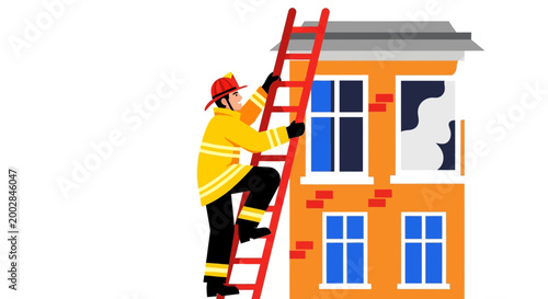 Firefighter climbing ladder to rescue from burning building