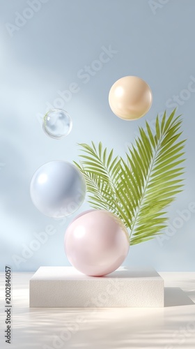 Floating pastel sphere skincare product composition with palm leaf on pedestal for minimalist background and cosmetic banner design