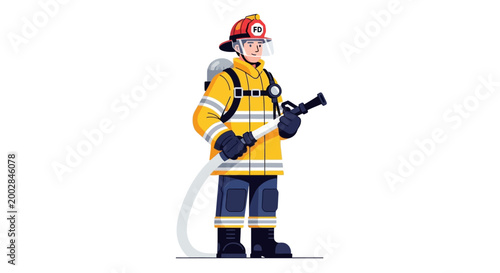 Illustration of firefighter in uniform holding a hose on white background