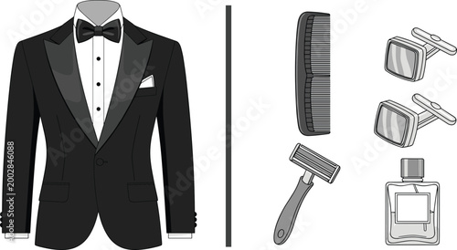 Tuxedo and Grooming Accessories Vector Design Illustration for Formalwear, Wedding, Fashion, and Grooming Essentials