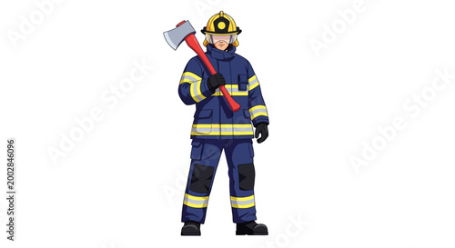 Firefighter in uniform holding an axe on a white background