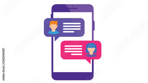 Purple mobile smartphone featuring two colorful chat bubbles with male and female profile icons to represent digital social communication.