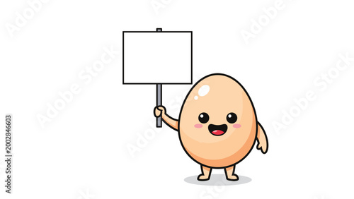 Cute egg character holding a blank white sign board while smiling happily in a simple vector illustration style for copy space.