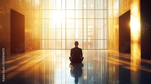 Business Professional Sitting Alone in Large Corporate Lobby Waiting for Job Interview with Warm Sunlight and Modern Office Interior