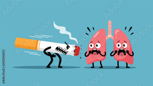 Angry cigarette character with sharp teeth chasing after two scared pink lung characters to represent the dangers of smoking health.