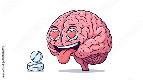 Brain character with heart eyes and its tongue sticking out craving white pills as a metaphor for drug addiction and dependence.