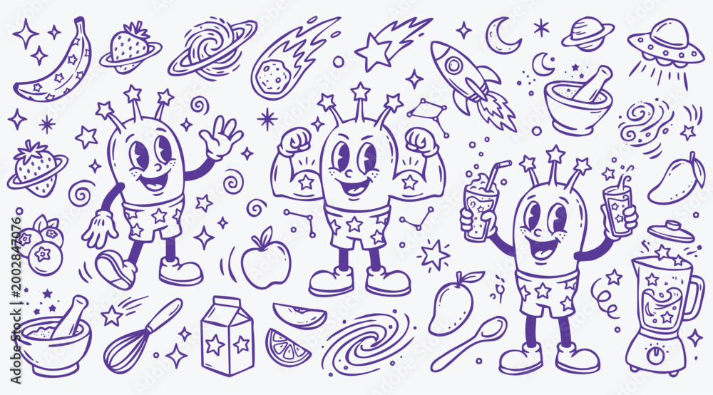 Fototapeta premium Vintage 1930s Rubber Hose Style Galaxy and Smoothie Mascot and Outer Space Bakery Doodle Set