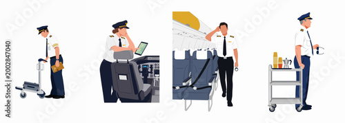 Set of illustrations depicting diverse airline pilots in uniform performing various professional duties in the airport and on board an airplane.