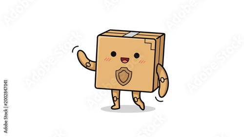 Cardboard box character with robot arms and legs walking and waving with a shield icon on its front for shipping protection.