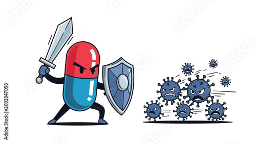 Brave pill character wearing a helmet and carrying a sword and shield while fighting against a group of angry virus germs.