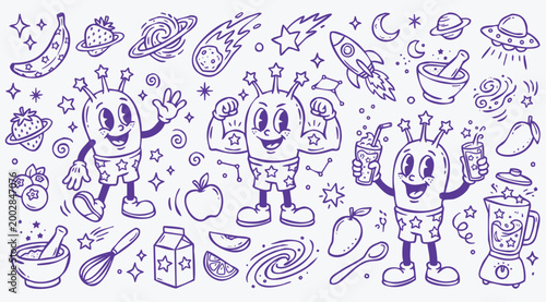 Vintage 1930s Rubber Hose Style Galaxy and Smoothie Mascot and Outer Space Bakery Doodle Set