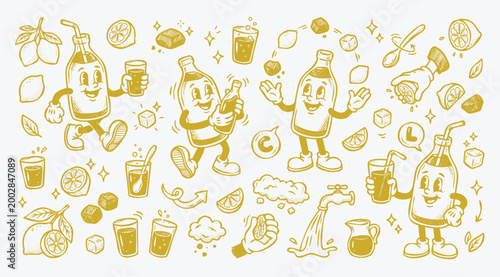 Vintage 1930s Rubber Hose Style Lemonade Mascot and Detox Beverage Doodle Set