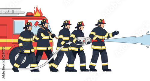 Team of firefighters extinguishing fire with hose and water spray