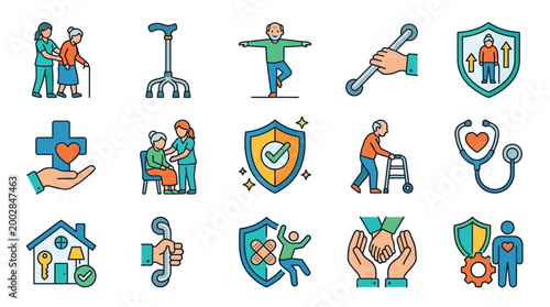 Collection of icons representing healthcare, senior care, and well-being services for the elderly.