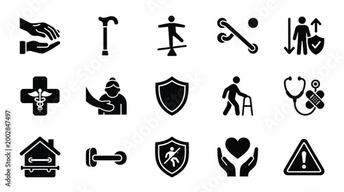Collection of icons representing healthcare, senior care, physical therapy, and well-being with symbols for assistance, mobility, safety, and health.