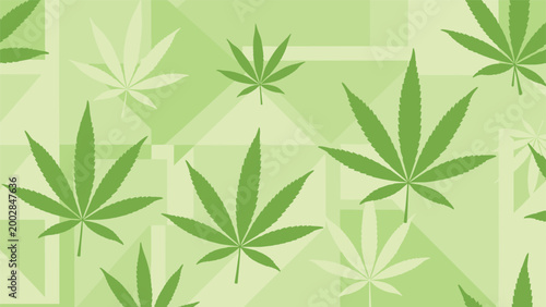 Seamless background pattern features green marijuana leaves on a light geometric background for cannabis culture and medicine.