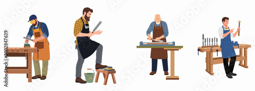 Set of male carpenters and woodworkers sharpening tools and working at workbenches in flat illustration style isolated on white background.