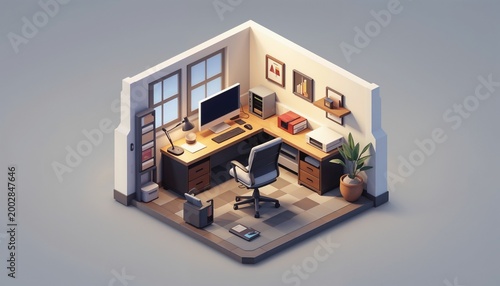 Stylish home office interior with desk and computer in modern design
