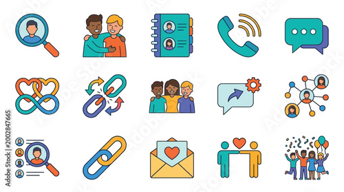 A collection of colorful flat icons representing social connections, networking, relationships, and communication, including people, links, and contact symbols.