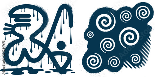 Abstract Dark Blue Graffiti Elements Featuring Expressive Swirls and Dripping Paint Art