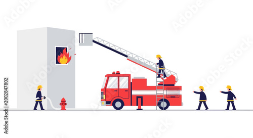 Firefighters extinguishing building fire with ladder truck and hose
