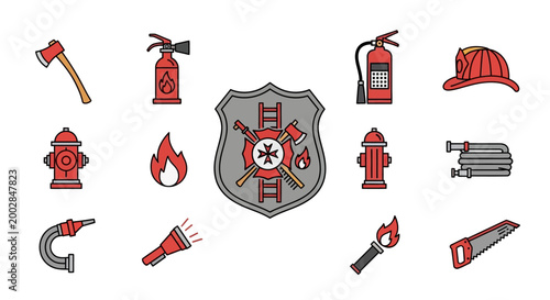 Set of firefighter equipment icons with red and gray color scheme