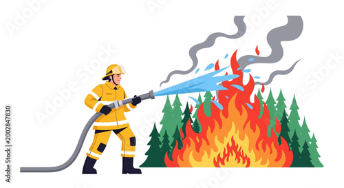 Firefighter extinguishing forest fire with hose in emergency situation