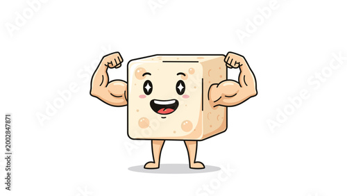 Powerful block of tofu character flexing its muscular arms represents high protein vegan food and muscle building nutrition.